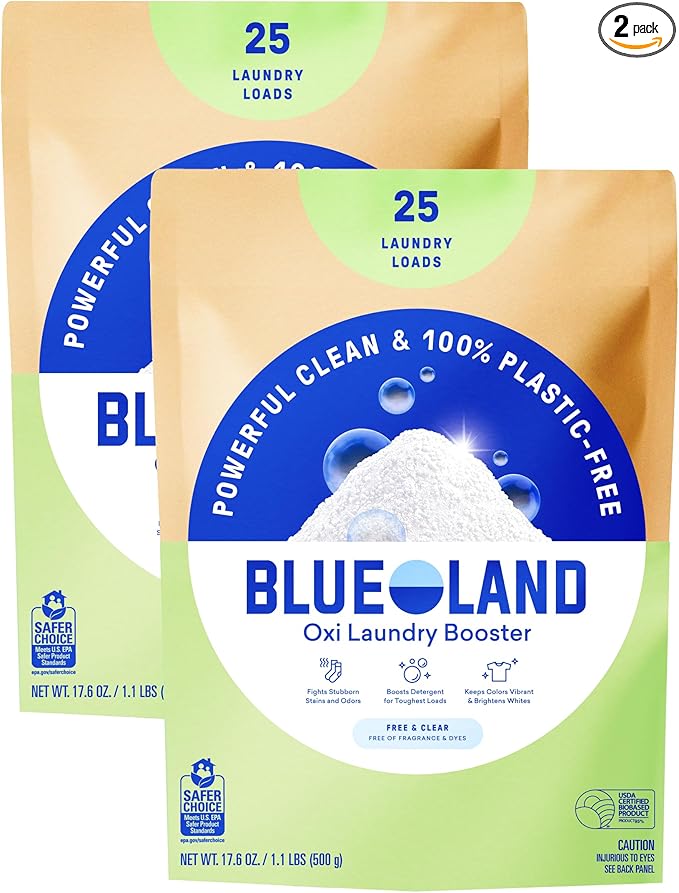 BLUELAND Oxi Laundry Booster Powder Refill 2-Pack, Fragrance Free & Clear, 50 Loads, 35.2 oz, Plastic-Free, Eco Friendly, Oxy Cleaner, Stain Remover