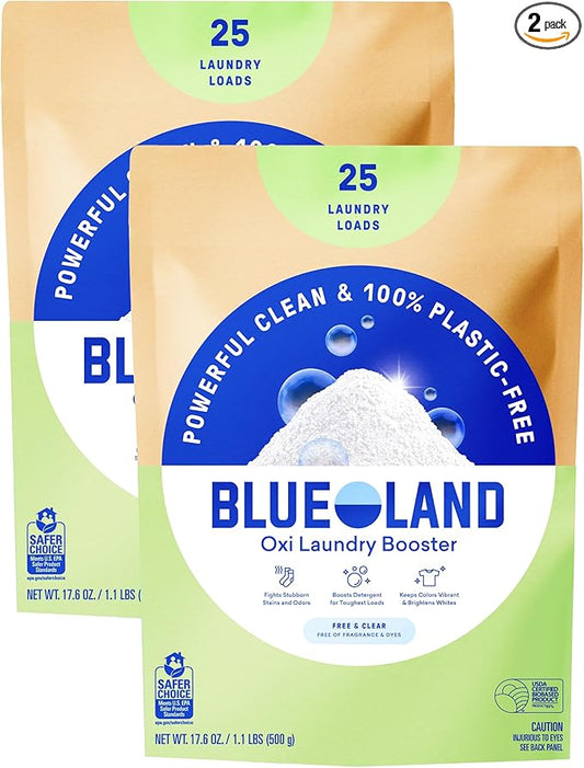 BLUELAND Oxi Laundry Booster Powder Refill 2-Pack, Fragrance Free & Clear, 50 Loads, 35.2 oz, Plastic-Free, Eco Friendly, Oxy Cleaner, Stain Remover