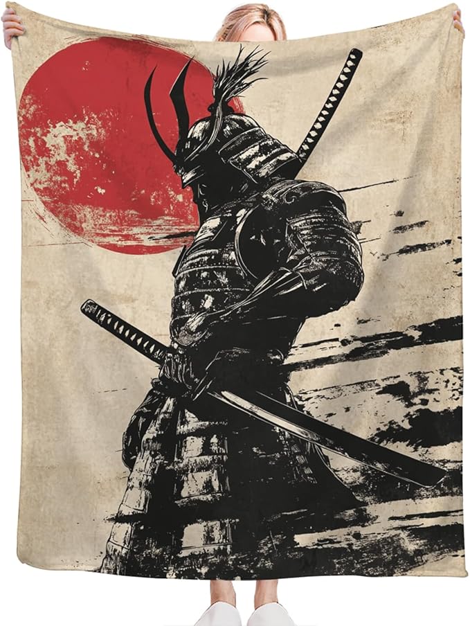 Tijuboni Japanese Samurai Throw Blanket Japanese Warrior Gifts for Men Women Girls Boys Kids Adults Soft Flannel Fleece Blanket for Couch Sofa Bed Home Decor 40"x50"