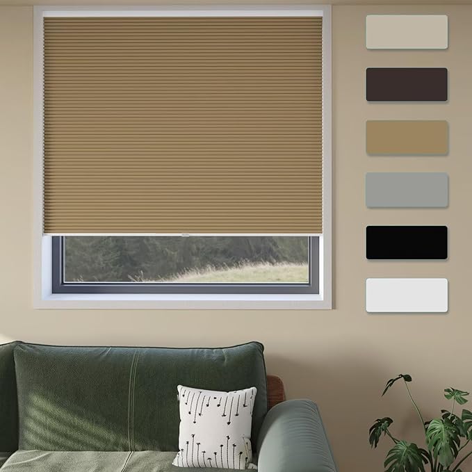MYshade Custom Size Cellular Blinds for Indoor Windows Cordless Blackout Honeycomb Shades, No Tools, No Drill, Thermal Insulated, Noise Reduction, Room Darkening Window Blinds for Home, Light Brown