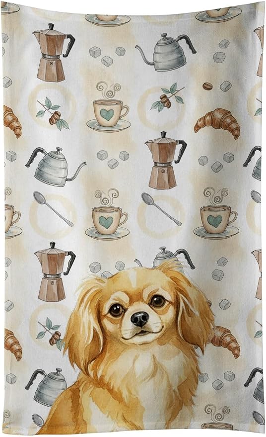 Caroline's Treasures Gold Tibetan Spaniel Coffee Bar Kitchen Towel Velour Plush Front and Cotton Loop Back Machine Washable