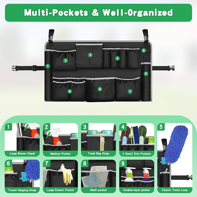 Trash Can Caddy Organizer with 10 Pockets - Cleaning Supply Holder for 32-55 Gallon Round Garbage Bins | Adjustable Strap Storage Bag for Sponges, Gloves, Spray Bottles, Cleaning Tools