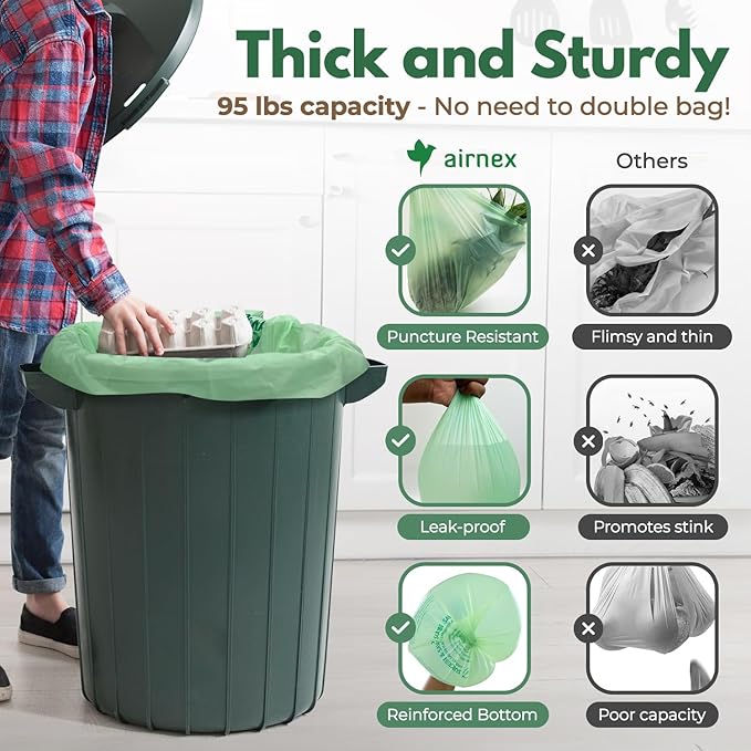 AIRNEX 40 Count Compost Bags for Countertop Bin 13 Gal & Bamboo Dish Brushes Set of 3-100% Compostable Trash Bags made of Cornstarch - Medium Stiff Sisal &Strong Blend of Coconut Bristles Brushes