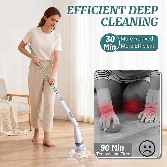 Electric Spin Scrubber, IPX7 Waterproof Shower Cleaning Brush with 8 Replaceable Brush Heads, Extendable Long Handle and 2 Adjustable Speeds Tools White