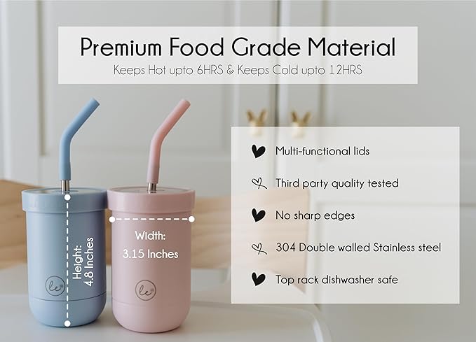 Double walled insulated Kids & toddler smoothie cups with screw tight lids and straws | Best Toddler sippy cup for 3 year old spill proof - Set of 2 cups for kids