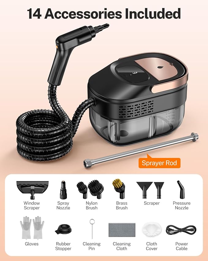 ODSD Steam Cleaner for Home & Car, 15s Fast Heating Handheld Steam Cleaner with 1.6L Tank, 3-Level Pressurized Steamer for Cleaning Tile, Grout, Sofa & Car Detailing (Black-Gold)