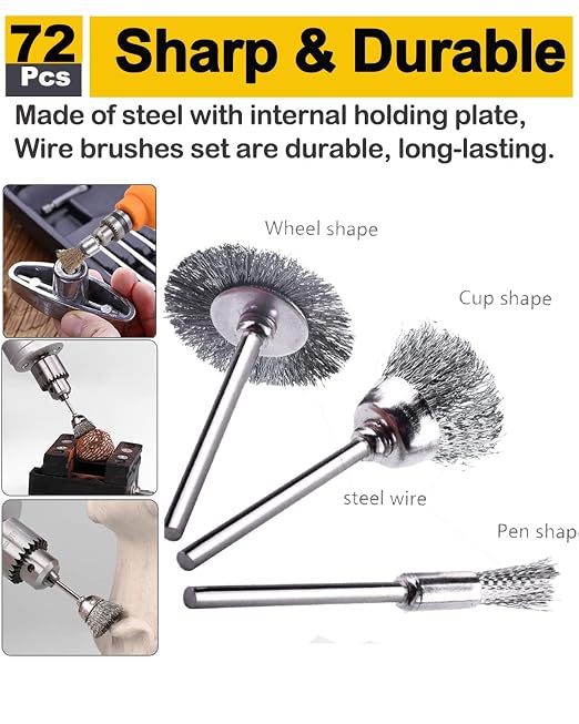 Rocaris 40 Pcs Buffing Wheel Set & 72 Pcs Wire Brushes Set, 1/8'' Shank Accessories for Rotary Tool