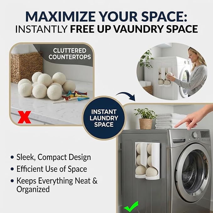Magnetic Dryer Ball Holder for Laundry Room Organization - Space-Saving Wool Dryer Ball Storage Rack, Strong Magnet Mounts to Washer & Dryer, Holds 6+ Standard Balls, Two Ways to Use,Minimalist Design