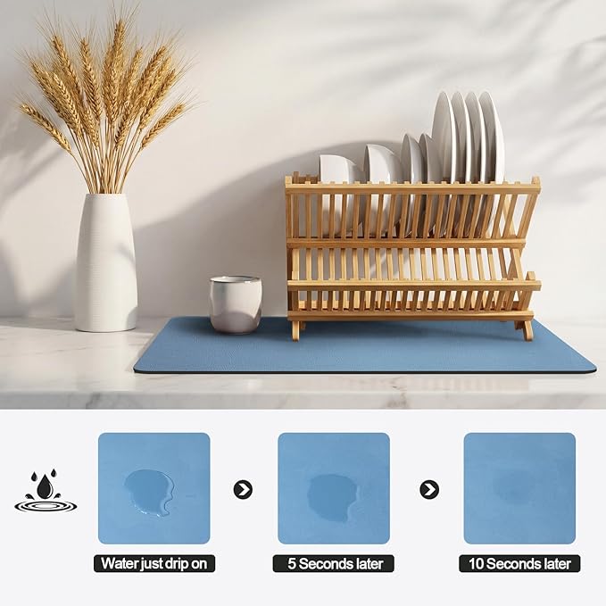 Ecotrim - Dish Drying Mat for Kitchen Counter | Coffee Bar Mat for Countertops | Heat Resistant Drainer Mat with Non-slip Rubber Backed | Hide Stain Kitchen Absorbent Draining Mat | Blue 16"x20"