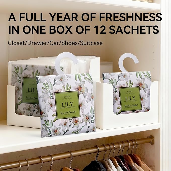 12 Pack Lily Scented Sachets, Long-Lasting Fresh Scent, Air Freshener for Closet & Drawers, Hanging Deodorizer for Home
