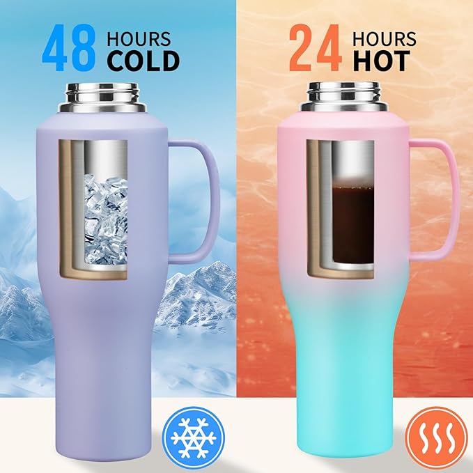 40 oz Tumbler with Handle, Insulated Water Bottle with Straw - Auto Spout Lid, Carrier Pouch, Purple Metal Thermal Hydro Travel Coffee Mug Flask for Car Cup Holder, Keep Cold 48H Hot 24H