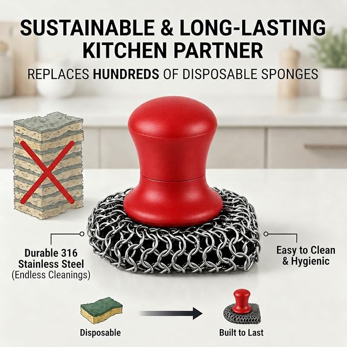 Cast Iron Scrubber and Scraper | 316 Chainmail Scrubber for Cast Iron Pan | Chain Mail Scrubber for Cast Iron Skillet Cleaner | Dishes Pots Wok Griddle Grill | Black + Red 1