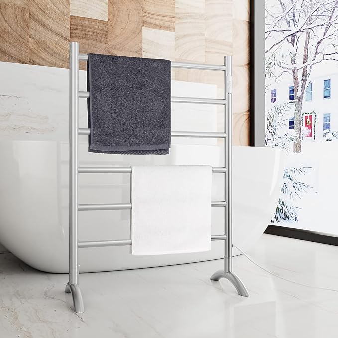 Freestanding Towel Warmer 6 Bars Plug-in Option 3 Working Modes Brushed Stainless Steel 24” W 34” H