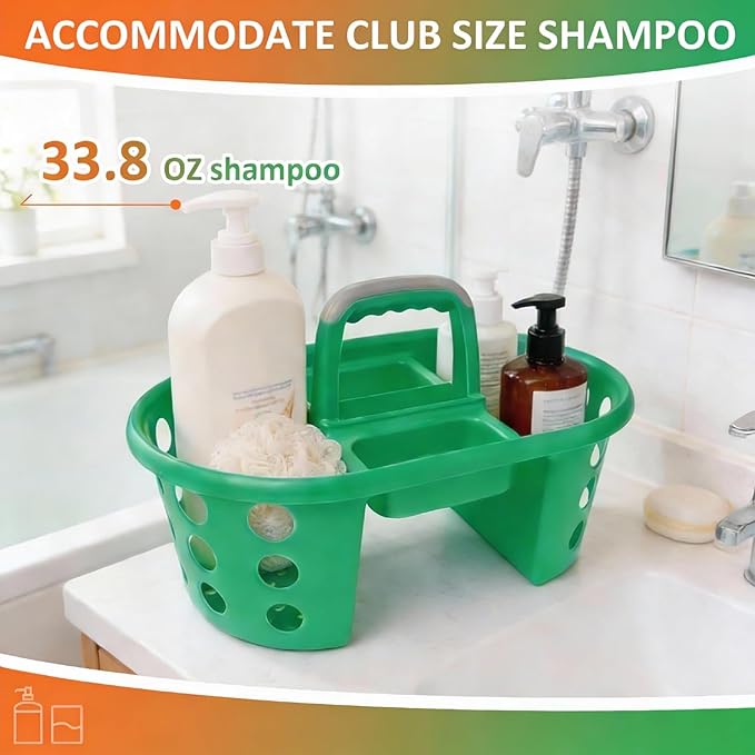 SIMPLYKLEEN Large Shower Caddy Portable 2PC - Made in USA Plastic Jumbo Size Dorm Storage Candy Tote with Handle Shower Organizer for Bathroom, Pantry, Kitchen, College Dorm, Green/Orange