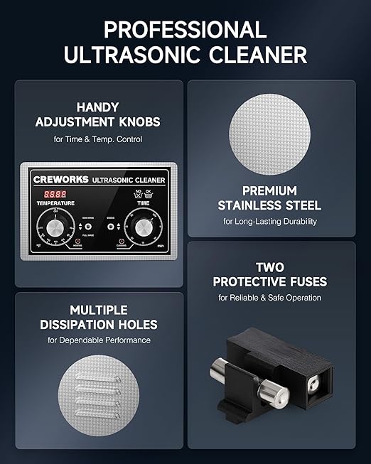 CREWORKS 10L Ultrasonic Cleaner with Heater and Timer, 240W Stainless Steel Ultrasonic Cleaner Machine with Degas & Gentle Modes, Ultrasonic Parts Cleaner with Knob Control for Machine Part Auto Tool