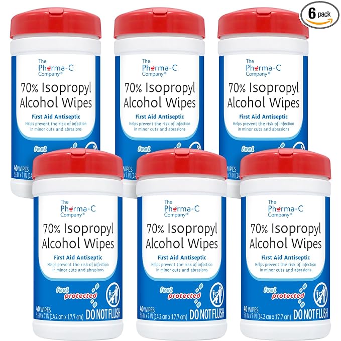 The Pharma-C Company -70% Isopropyl Alcohol Wipes [6 pack - 40ct Canisters] - Bulk IPA First Aid Antiseptic Wound Cleaner with Moisture Lock Lid. For minor cuts, scrapes, and burns.