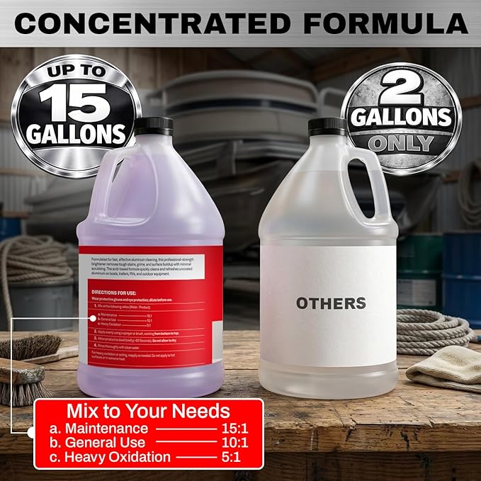 Concentrated Aluminum Brightener & Cleaner – Makes 15 Gallons – Removes Oxidation, Dirt, & Grime – Spray On Aluminum Cleaner for Boat Hulls, Pontoons, Trailers, Wheels, & RVs – Made in USA - 1 Gallon