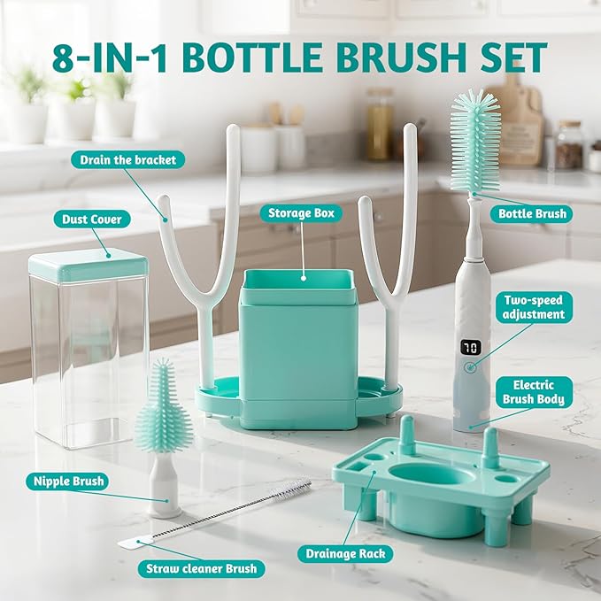 Electric Bottle Brush Cleaner with Drying Rack & LED Display, Rechargeable Baby Bottle Cleaning Kit, 360° Automatic Bottle Washer for Travel & Home, Silicone Spin Brush Set for New Parents, Green
