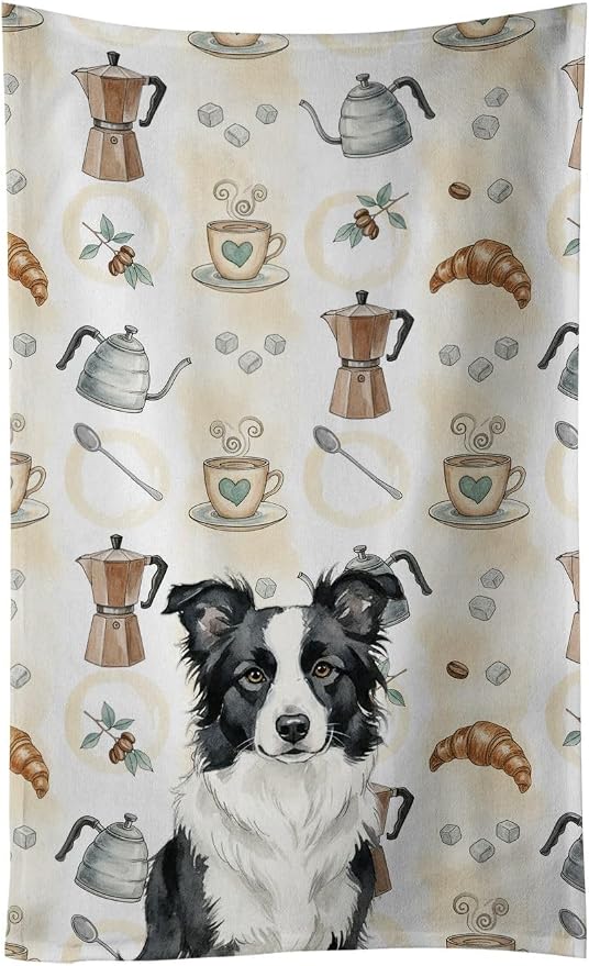 Caroline's Treasures Border Collie Coffee Bar Kitchen Towel Velour Plush Front and Cotton Loop Back Machine Washable