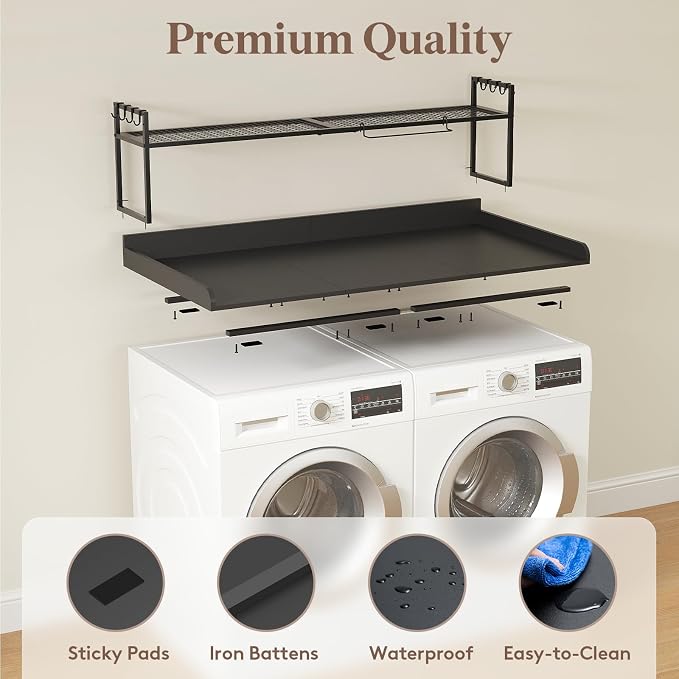 Lifewit Washer Dryer Countertop with Adjustable Shelf, Melamine Cover for The Top with Edge Rails, Towel Rack for Laundry Room Storage and Organization, Hold 200lbs, Black, 54" x 27.5"