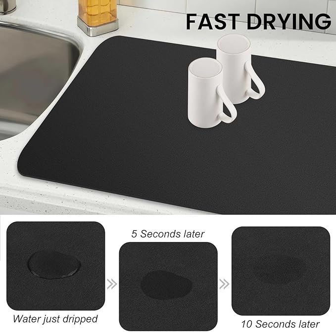 WISELIFE Dish Drying Mat Super Absorbent Drying Mat Large Dish Drying Mats for Kitchen Counter Easy Clean Dish Mat Kitchen Drying Mat18"x 28" Classic Black