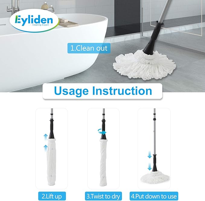 Eyliden Twist Mop and Collapsible Bucket Combo, Easy Wringing Mop with 2 Reusable Heads, Portable Handy Bucket for Cleaning, Camping, Tailgating and More