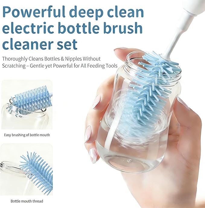 Portable Electric Silicone Bottle Brush Set, 7-in-1 UV Light USB Charging, Nipple/Straw Cleaner, Milk Mixer, Built-in Drying Rack & Storage Case, BPA-Free, IPX7, On-the-Go for New Parents (Sky)
