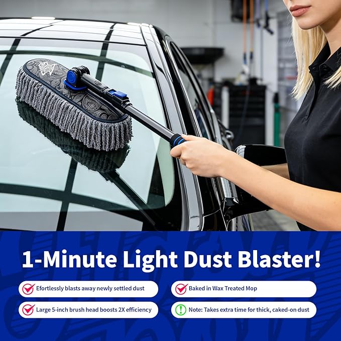 Flash Dog Car Duster Exterior & Interior Scratch Free Kit Microfiber and Telescopic Aluminum Alloy Handle for Cars/SUV/Trucks with Car Duster Interior, Portable Waterless Dust Removal