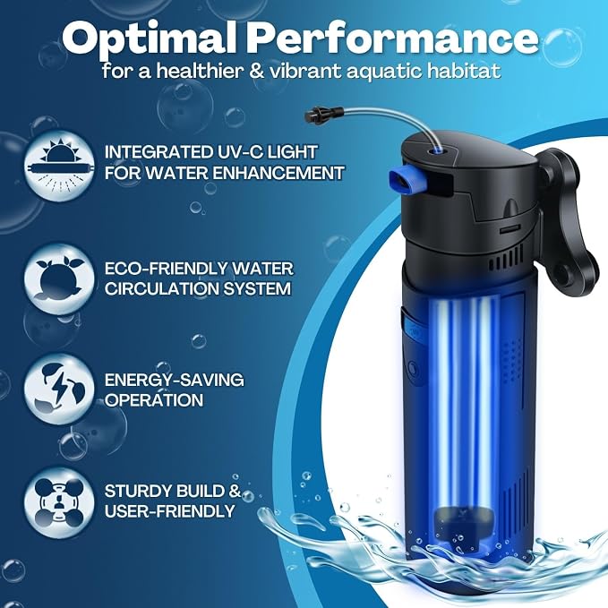 Flexzion Aquarium Filter U-V, 200 Gallon Fish Tank Filter with U-V Light for Green Control Cleaning, 200GPH Submersible Aquarium Pump for Turtle Tank, Freshwater Crystal Clear & Saltwater