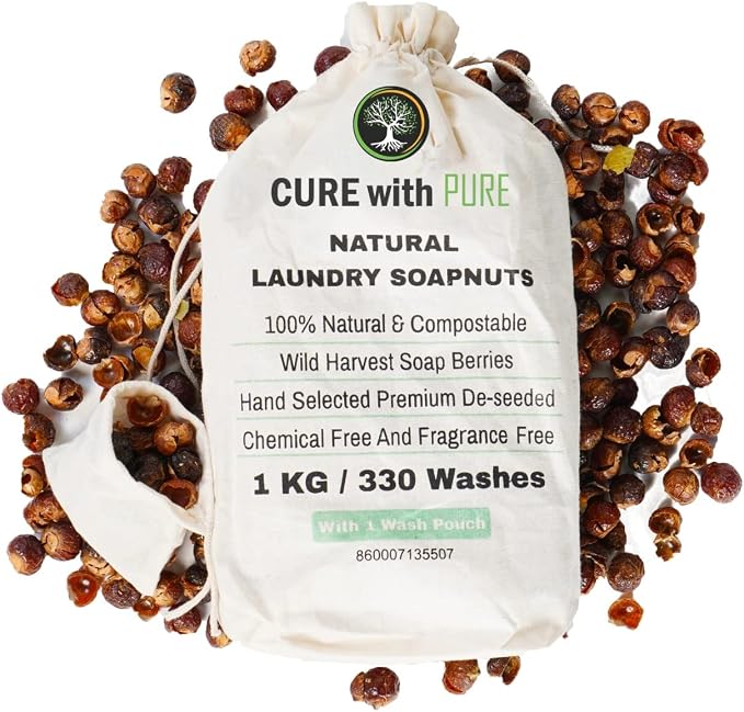 Cure With Pure Organic Soap Nuts Deseeded 1kg/2.2Lb With 1 Wash Bag Approx 330 Loads,Eco-friendly Soap Nuts Laundry Detergent,Chemical & Fragrance-free Organic Soap Berries Non-toxic Laundry Detergent