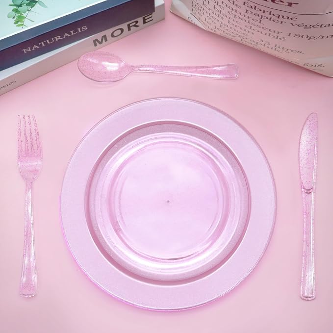 150PCS Purple Plastic Silverware, Purple Glitter Plastic Cutlery Disposable, 50 Forks, 50 Knives, 50 Spoons Heavy Duty, Perfect for Birthday, Wedding, Baby Shower, Picnic