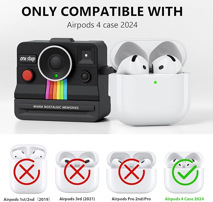 Retro Cases for Apple Airpods 4 Case Cover Women - VISOOM Cute Silicone Camera Airpods 4th Generation Case Keychain with Cleaner Kit,Support Magsafe Charging for iPod Air Pod 4 Cases-Black