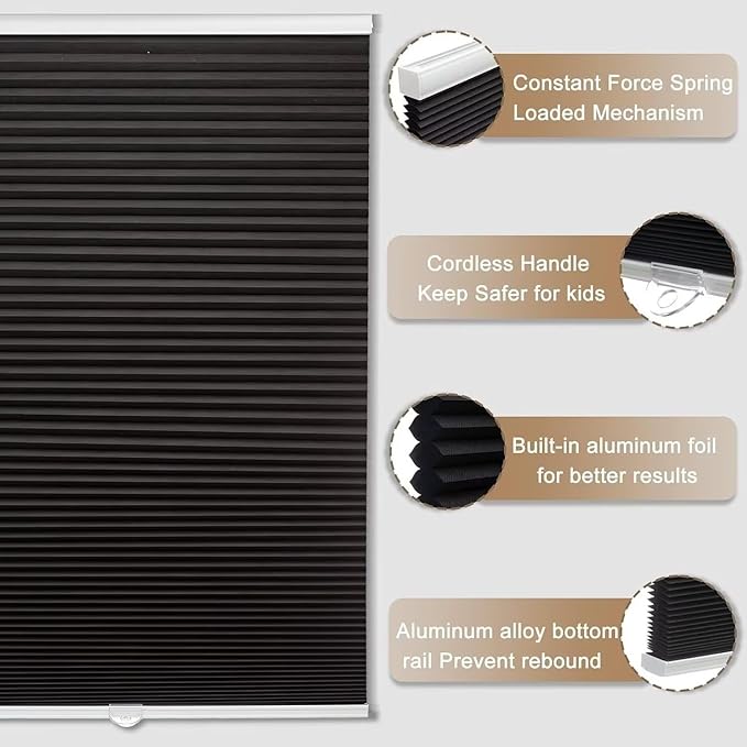 MYshade Cordless Blackout Cellular Shades, 1.5" Honeycomb Window Blinds for Bedroom & Nursery, Thermal Insulated, Noise Reducing, Privacy Shades, Inside or Outside Mount (37" W x 64" H, Black)