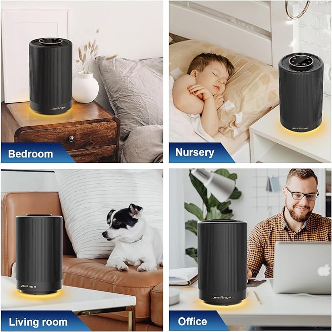 Small Air Purifiers for Home Bedroom Coverage 450 sqft, 22 dB Quiet Air cleaner with Brushless Motor, for 99.97% Dust Smoke Odor Pollen Pets Hair Dander, Night Light, JF100 Black