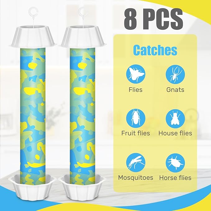 Qualirey 8 Pcs Sticky Fly Trap Fly Stick with Hanging Hook Adhesive Flying Catcher for Indoor Outdoor Trap Houseflies and Flying Insects Mosquito Bee Wasp Moth (Camouflage Style)