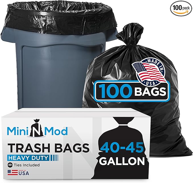 45 Gallon Trash Bags Heavy Duty | 100 Count | Fits 39 Gallon, 40 Gallon, 44 Gal, 45 Gal Trash Cans | Large Black Garbage Bags for Outdoor, Leaf, Commercial Use
