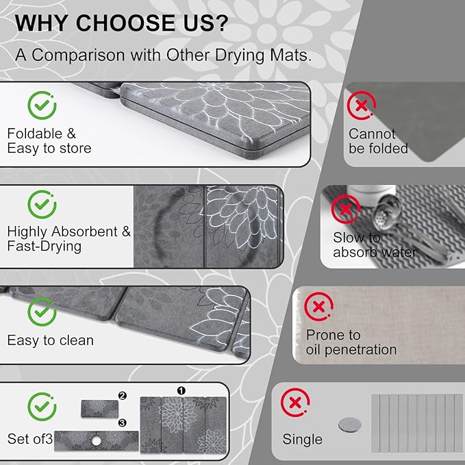 3 PCS Large Stone Dish Drying Mat for Kitchen Counter, Quick Dry Stone Dishes Mats Cup Coasters, Sink Faucet Mat, Water Absorbing Diatomaceous Earth Drying Pad for Countertop Tableware, Bottles