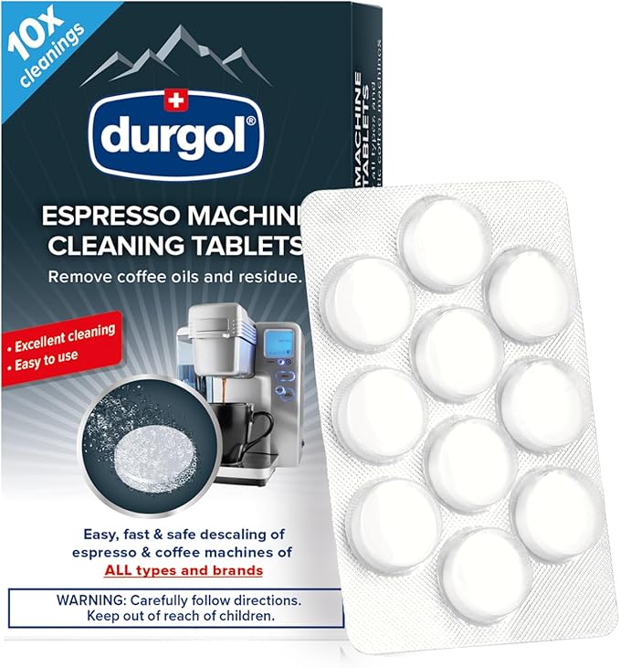Durgol Swiss Espresso, Descaler and Decalcifier for All Brands of Espresso Machines and Coffee Makers, 4.2 Fluid Ounces (Pack of 2) Espresso Machine and Coffee Maker Cleaning Tablets, 10 ct