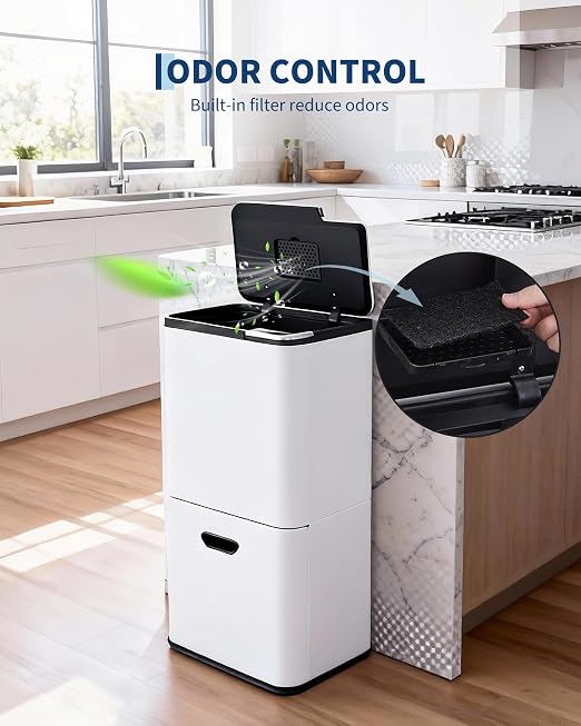 Garvee 16 Gal Dual Trash Can for Kitchen, 2 Compartment (33l + 28l) Garbage Can with Compost Bin, Stainless Steel Trash and Recycle Bin Combo with Removable Inner Bucket, Odor Control, White