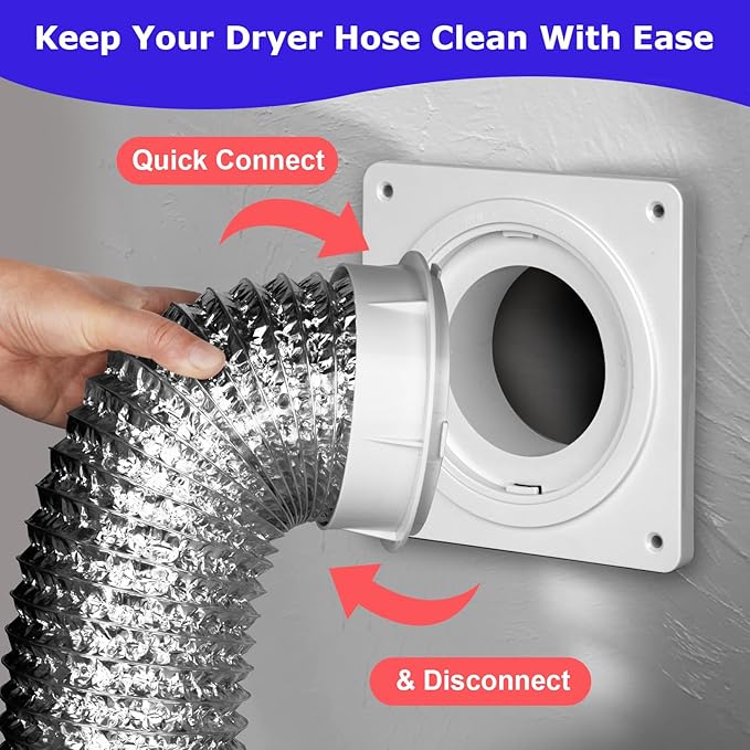 Dryer Vent Hose Connector Kit, Dryer Vent Wall Plate with Hose(4 inch 8 feet), Dryer Duct Connector with Quick Connect & Disconnect, Covers Area 7inch x 7inch, Fits 4 Inch, for Dryer Washer Bathroom