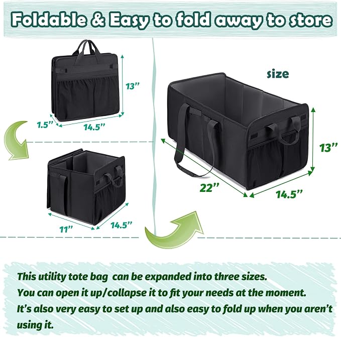 Extra Large Utility Tote Bag with Wire Frame Collapsible Reusable Grocery Bags Heavy Duty Shopping Bags for Groceries with Handles Trunk Organizer for Beach Travel Picnics Camping Laundry