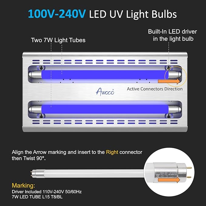 Awoco 11W LED Stainless Steel 100V-240V Wall Mount Sticky Fly Trap Lamp for Capturing Flies, Mosquitoes, Moths and Flying Insects, Perfect for Home, Restaurants, Warehouses (with 6 Glue Boards)