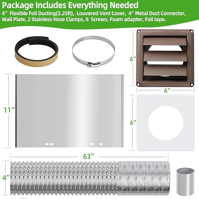 Dryer Vent Kit with Hose/Duct Connector/Wall Plate,4Inch Dryer Wall Vent Hose Connector Wall Duct Kit for Bathroom Ventilation Fan Exhaust,Ceiling Washer Air Circulation,Brown Louvered Dryer Vent Hood