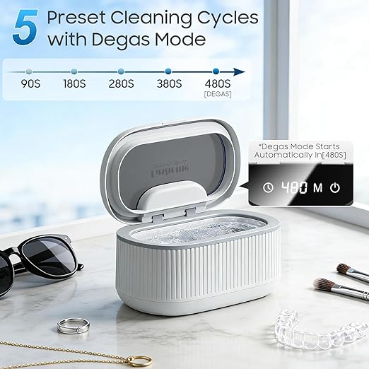 Ultrasonic Jewelry Cleaner Machine with 2×100ml Cleaning Solution, 45kHz Sonic Cleaner for Rings, Glasses & Watch Band, 550ML Stainless Steel Tank, 5 Timer, 3 Power Levels, Degas Mode-Gray
