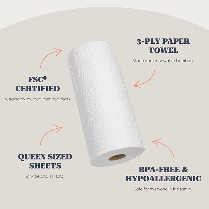 6 Rolls of Bamboo Paper Towels - 3-Ply Sheets Made From Tree-Free, ECF Paper - Zero Plastic Packaging, No Forever Chemicals