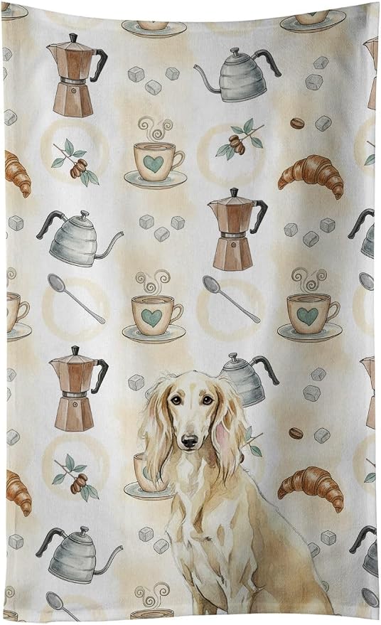 Caroline's Treasures Cream Saluki Coffee Bar Kitchen Towel Velour Plush Front and Cotton Loop Back Machine Washable
