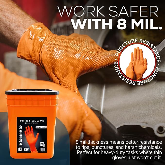 First Glove 8 Mil Orange Diamond Texture Nitrile Bucket of Gloves - Industrial Nitrile Gloves - Latex-Free - 500 count