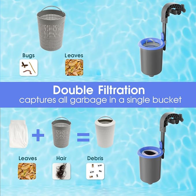 TidyMister Wall Mount Swimming Pool Surface Debris Skimmer Basket with Socks,Above Ground Pool Skimmer with Quick Set Up & Adjustable Bracket for 800+ GPH Pumps,Automatically Removes Leaves & Debris