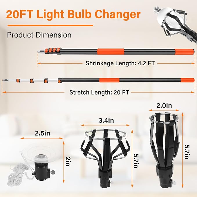 Light Bulb Changer for High Ceilings with Extension Pole 20FT,28FT Reach Light Bulb Extension Pole Changer with Baskets and Suction Cup for High Ceilings and Recessed Lights