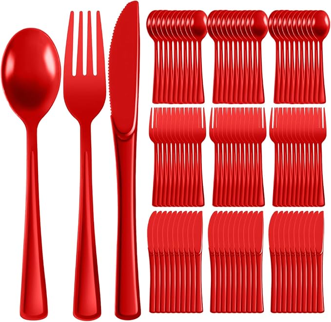 Plastic Silverware 300 PCS Disposable Silverware Heavy Duty Utensil Sets 100 Of Each Forks Knives & Spoons Disposable Cutlery Set For Easter,Birthday,Baby Shower,Garden Party,Wedding(300,Red)